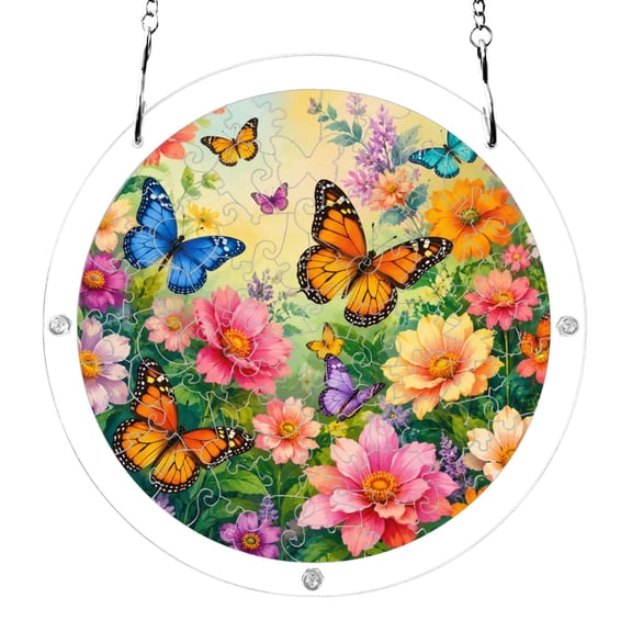 Butterfly Garden Florals Acrylic Jigsaw Puzzles 83 Pieces Suncatcher for Window Hanging 7.5 Inch Holiday Home Decor