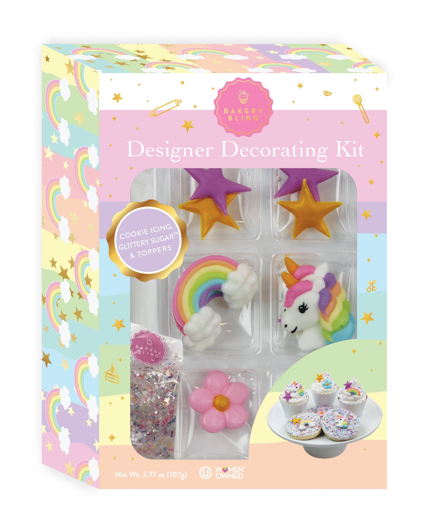 Bakery Bling Unicorn Rainbow Designer Decorating Kit, Decorate 1 cake or 12 cupcakes