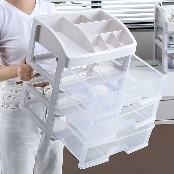 Caja de almacenamiento de escritorio de oficina multicapa, organizador de cosméticos con cajones, caja de almacenamiento transparente para archivos de maquillaje,BLANCO