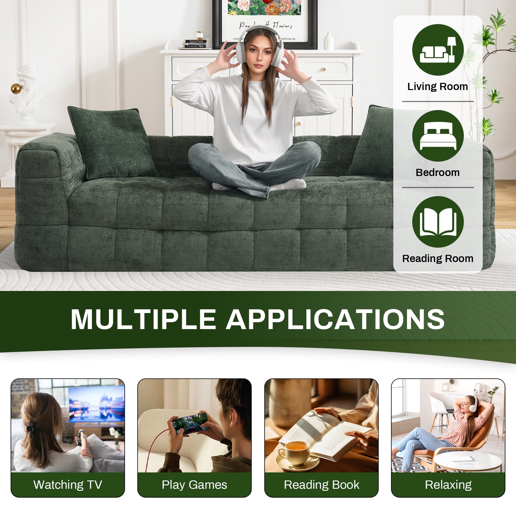Wiilayok 89.8" Cloud Sofa Couch,Chenille 3 Seater Deep Seat Couch, No Assembly Required,Olive Green