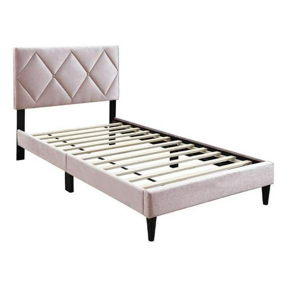 Lilian Twin Bed, Tufted Light Pink Velvet Upholstery, Diamond Stitch