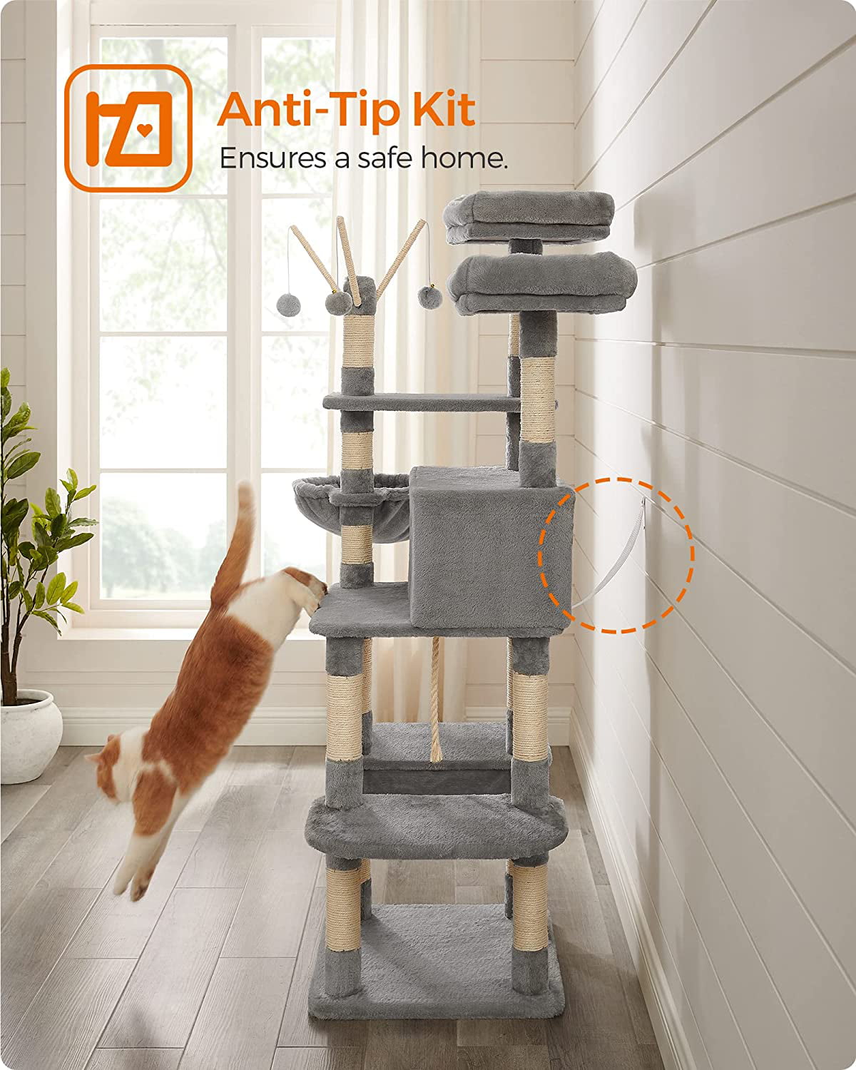 WoodbellmuFEANDREA Cat Tree Large Cat Tower Inches Cat Activity Center With  Hammock Basket Removable Fur Ball Sticks Cat Condo Smoky Gray UPCT087G01  キャットタワー