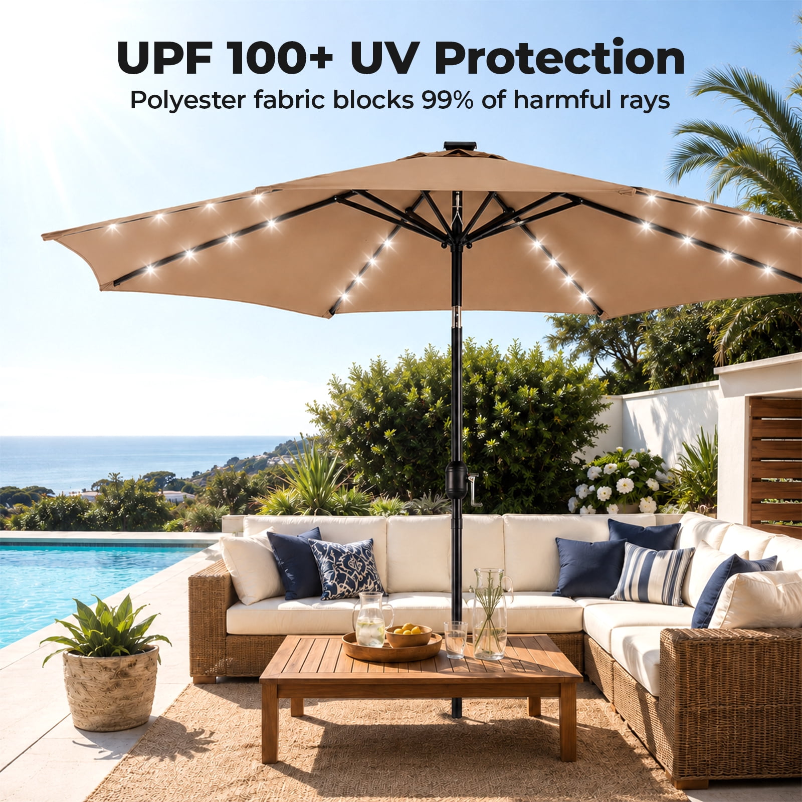 Alvantor 10ft Solar LED Lighted Patio Umbrella, Table Umbrella with 32 Lights, Push Button Tilt, UV-Resistant Canopy, for Deck, Garden, Pool, Café