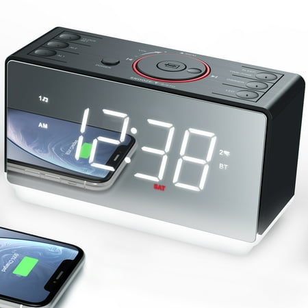 Alarm Clock Radio with USB Charger, Bluetooth Speaker, Nightlight and Mirror Finish