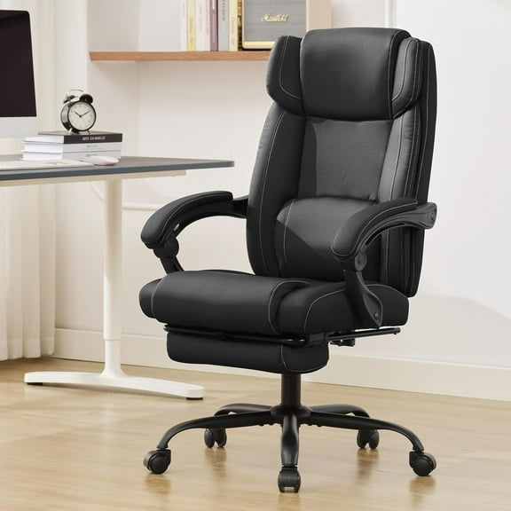 Executive Office Chair with Footrest,Thick Leather Office Chair with Lumbar Support,90-155°Adjustable Reclining Office Chair, Ergonomic Computer Desk Chair for Home Office(Black)