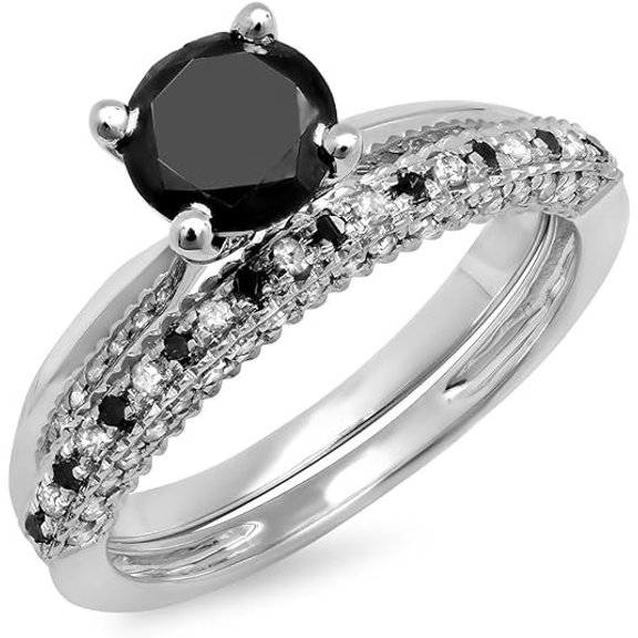 beryl_creation 1.12 Ct Round Cut Black & White Diamond Wedding Solitaire Bridal Ring Set 14K White Gold Plated 925 Sterling Silver For Women's -4.5