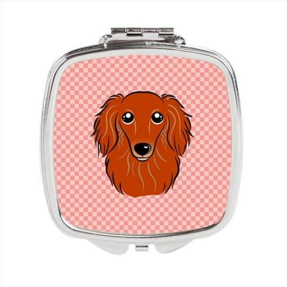 Checkerboard Pink Longhair Red Dachshund Compact Mirror - 2.75 x 3 x .3 In.