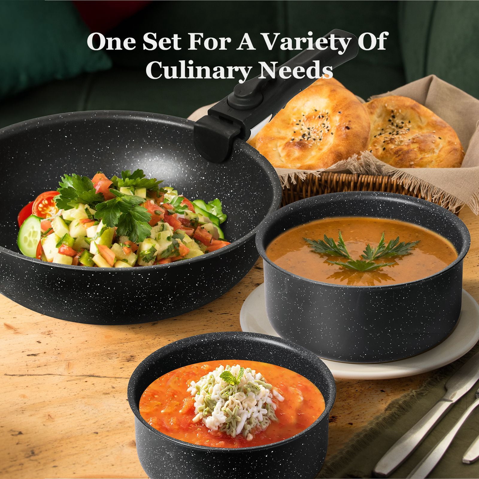 JIOABL 12-Piece Nonstick Pots and Pans Set, With Removable Handle, Induction Cookware, Black