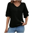 thumbnail image 2 of Womens T Shirts Summer Tops 2025 Solid Color V-Neck Double Layer Flared Mid Sleeve Loose Tees Tshirts Shirts for Women, 2 of 5