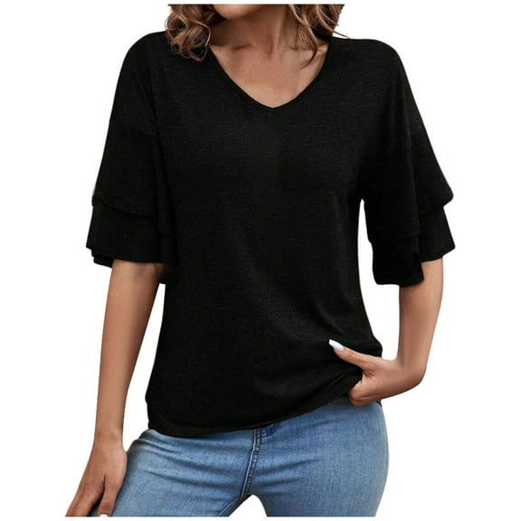 DuoJiaJ Women's Summer Solid Color V Neck Tee With Double Layer Flared Mid Sleeves Casual Loose Fit Top Women’s Ribbed Knit Crop Tops Black