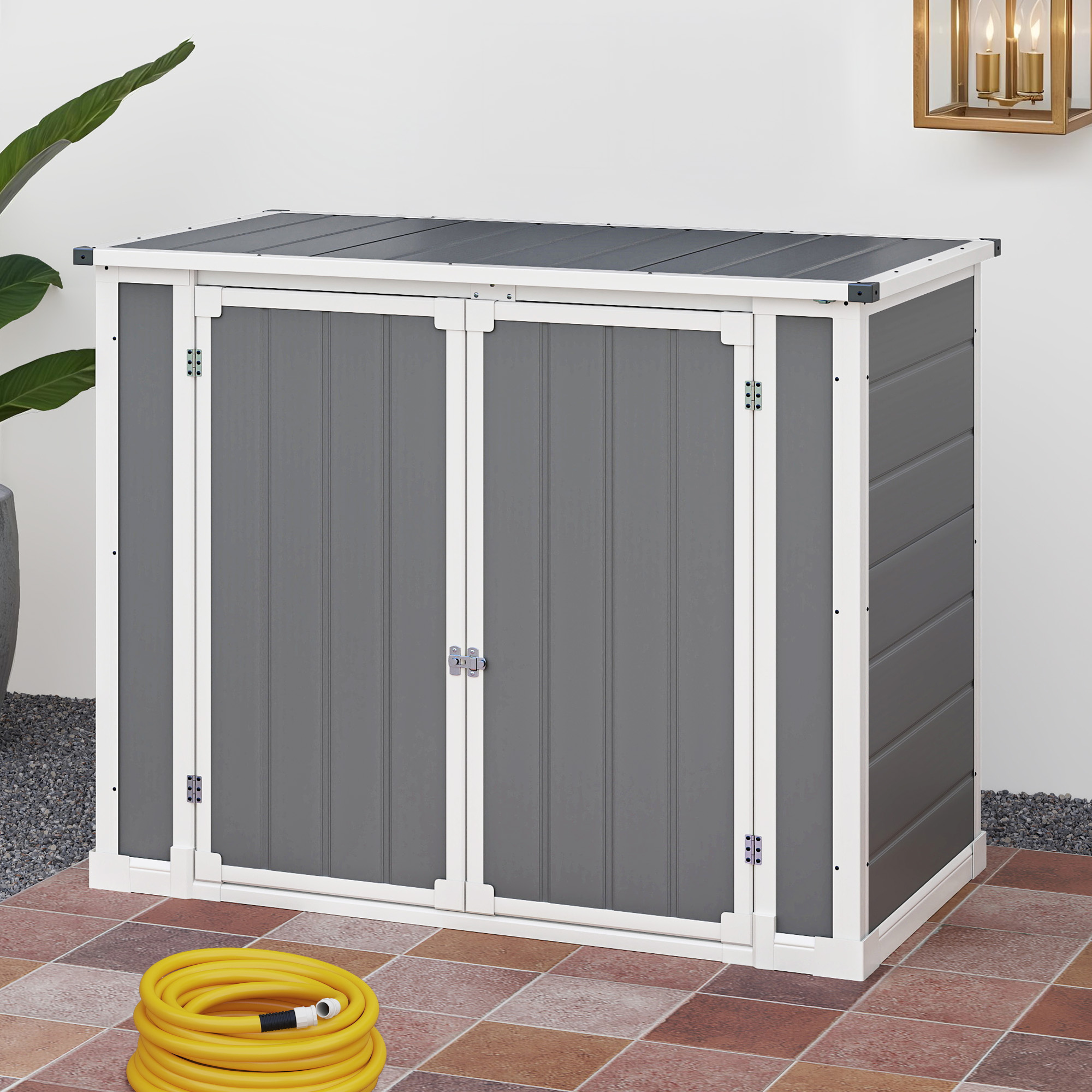 Uforic Storage Shed with Front & Lift-Up Doors, Double-Layer Resin, Lockable Latch for Outdoor, Gray