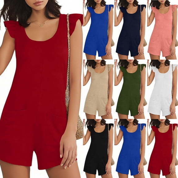 POIUYTR Women Summer Casual Jumpsuit Loose Ruffle Sleeveless Romper Vacation Straight Leg One-Piece Shorts