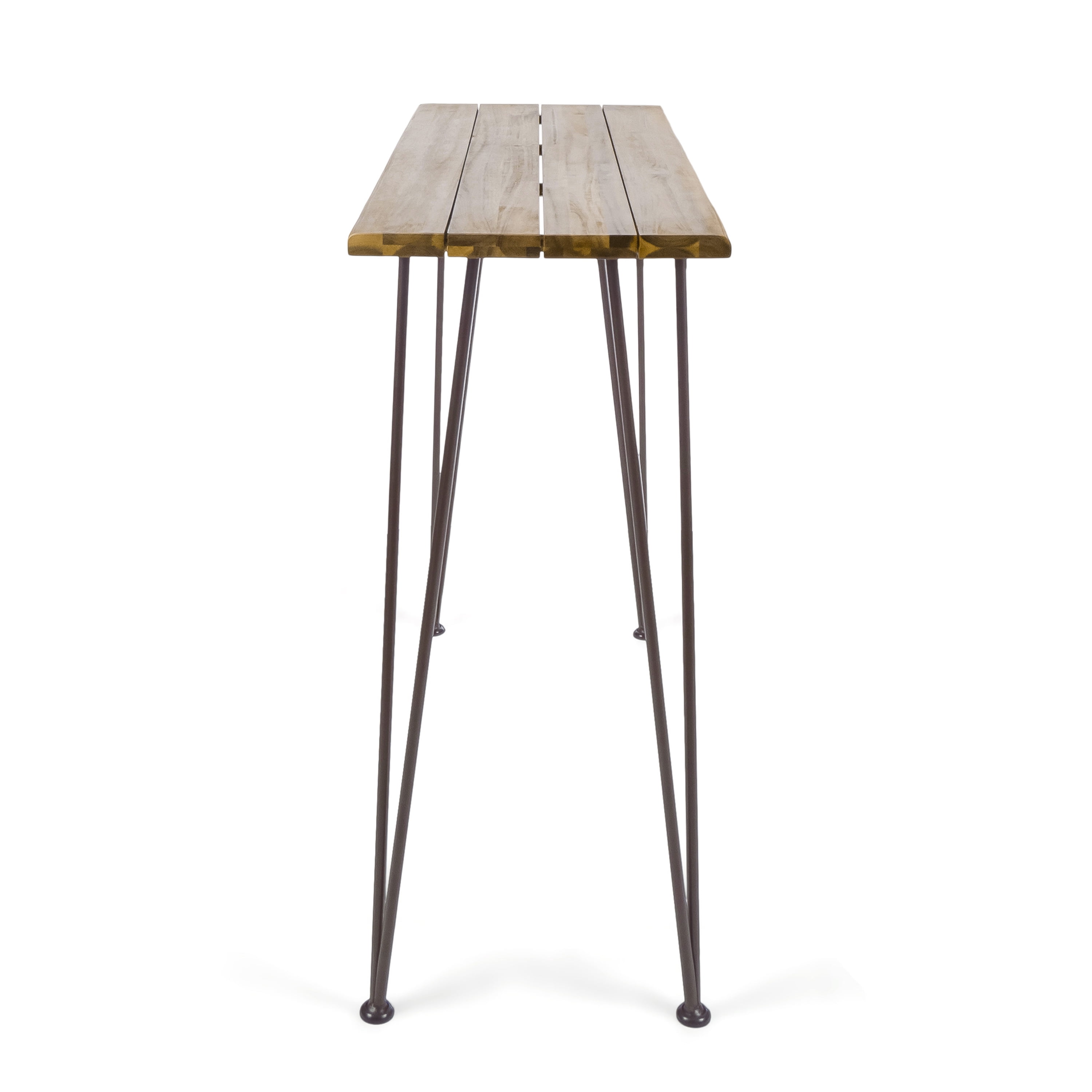 Outdoor Industrial Style Bar Height Table, Wood and Metal Combined Desktop for Patio Bar, Teak and Black