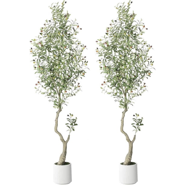 7ft (2pcs) de altura faux olive trees con blanca planter y green fake moss - perfect para home, oficina, sala de estar, dormitorio, stairs & foyer decor