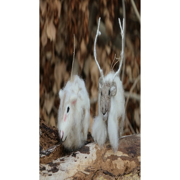 De Kulture Works Wool Felt Reindeer & Bison Bauble Ornament, Set of 2 Needle Felted, Handmade