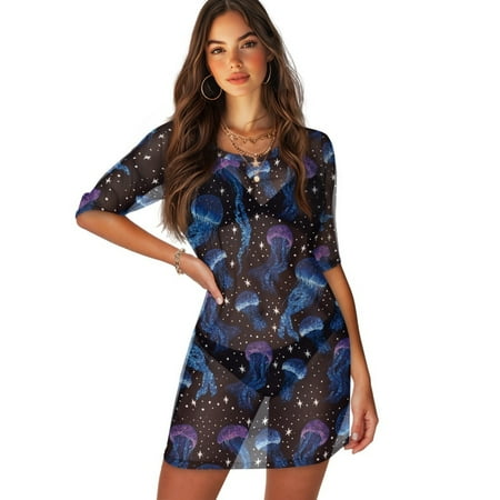 FKELYI Vintage Blue Medusa Star Print Women s Swimsuit Cover Ups Round Neck Swimwear Cover-Up Half-Sleeve Beachwear Bikini Beach Dress for Ladies Summer Vacation Swimming  XL