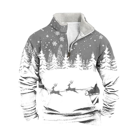 KeShDi Christmas Men Sweatshirts Men CMen Casual Fashion Stand Collar Printing Zipper Pullover Long Sleeve Sweatshirt Blouse Gray2X