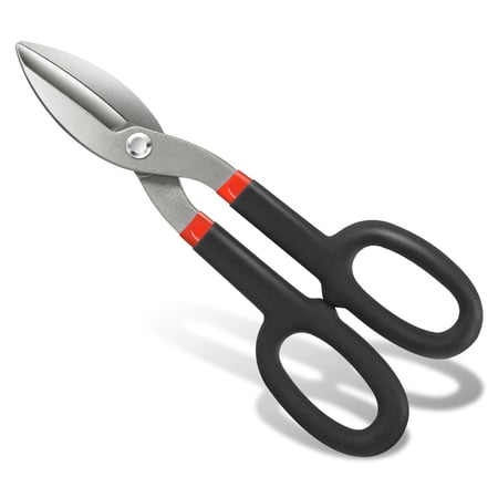 Straight Cut Tin Snip Shears, Heavy Duty High Carbon Steel with Vinyl-Dipped Handles, 10", Black/Red