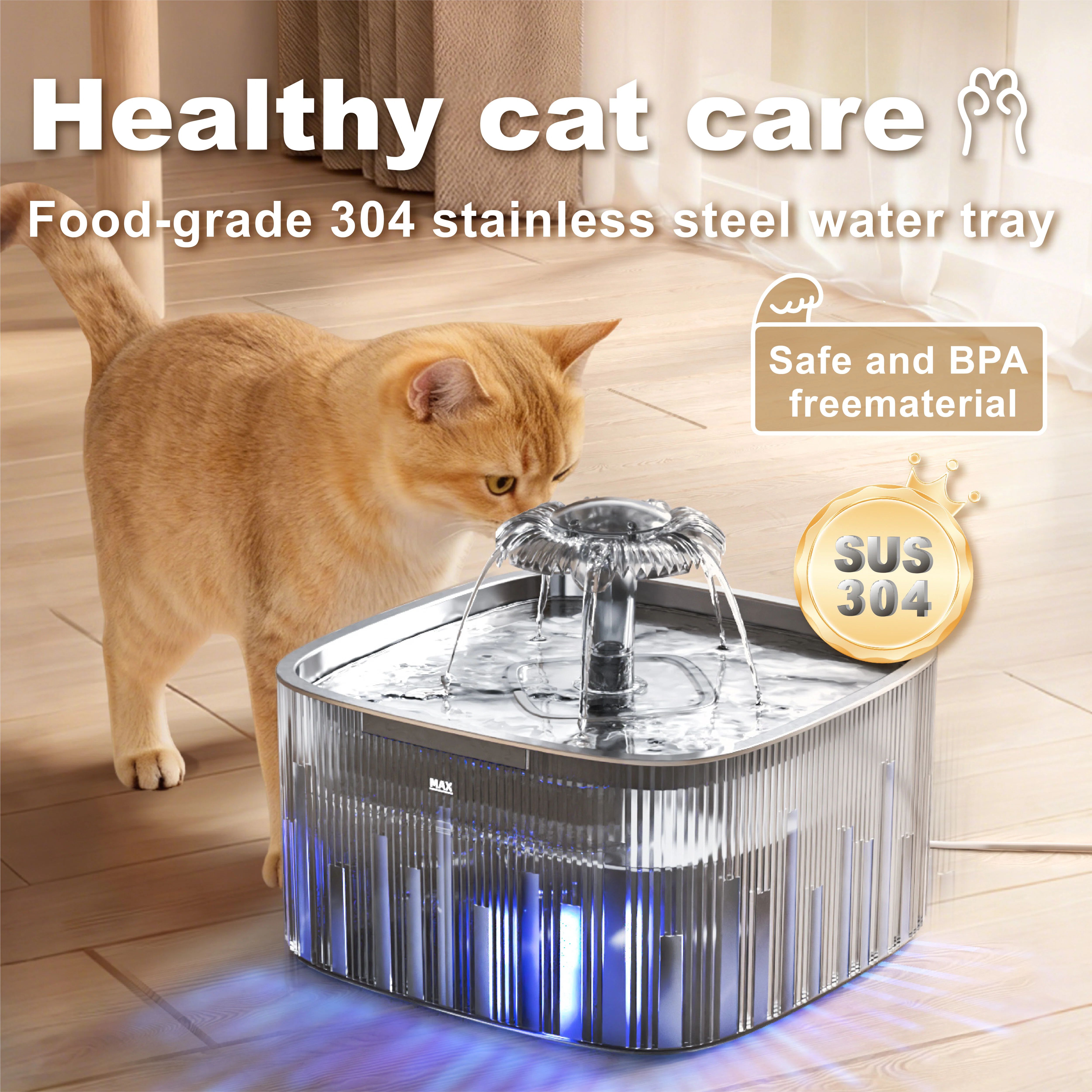 Cat Water Fountain Stainless Steel:77oz/2.2L Water Fountains for Cats Indoor - Cat Water Fountain for Drinking - Automatic Cat Watering Bowl Dispenser with Low Water Level Indicator Light