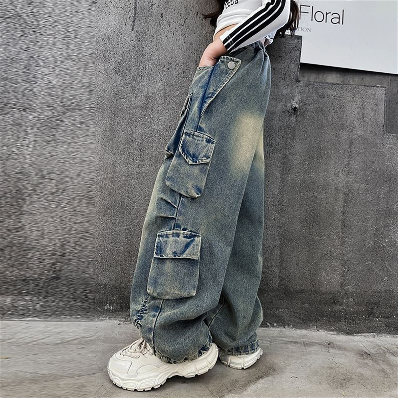 【BAON】Hoku Crack Washing Wide Denim Pants MHZLDYZ Kids Girls Ripped Denim Pants Distressed Washed