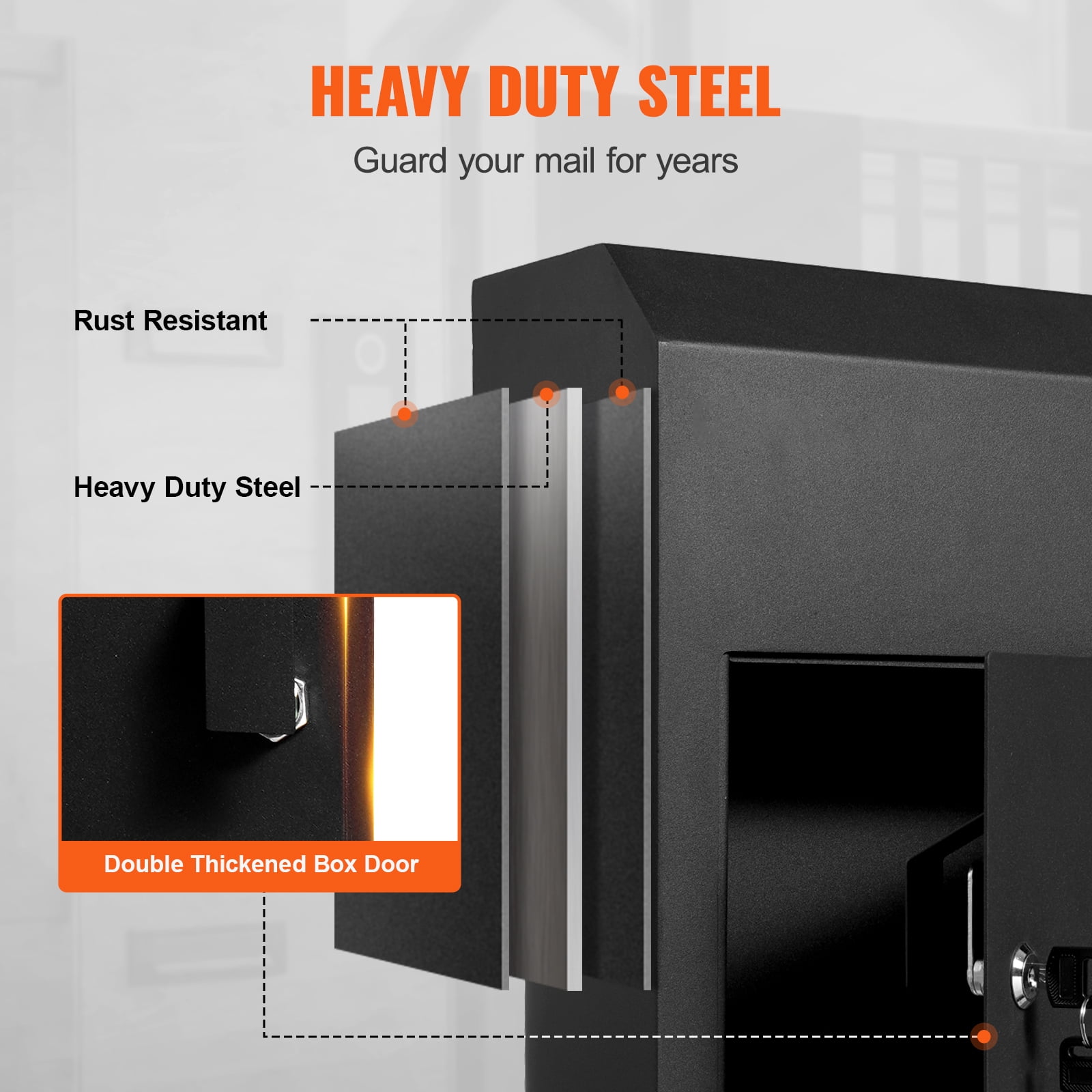 KFFKFF Heavy-Duty Steel Through-Door Mailbox with Key Lock, 12x6x16" Secure Drop Box, Black