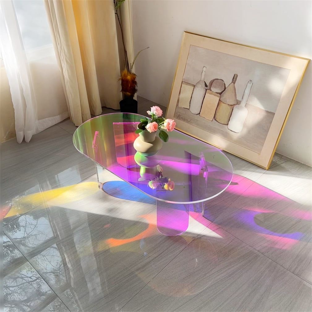 Iridescent Acrylic Coffee Table Sofa Side Table for Living Room Storage Display, 37.4x19.7x14.2 inch