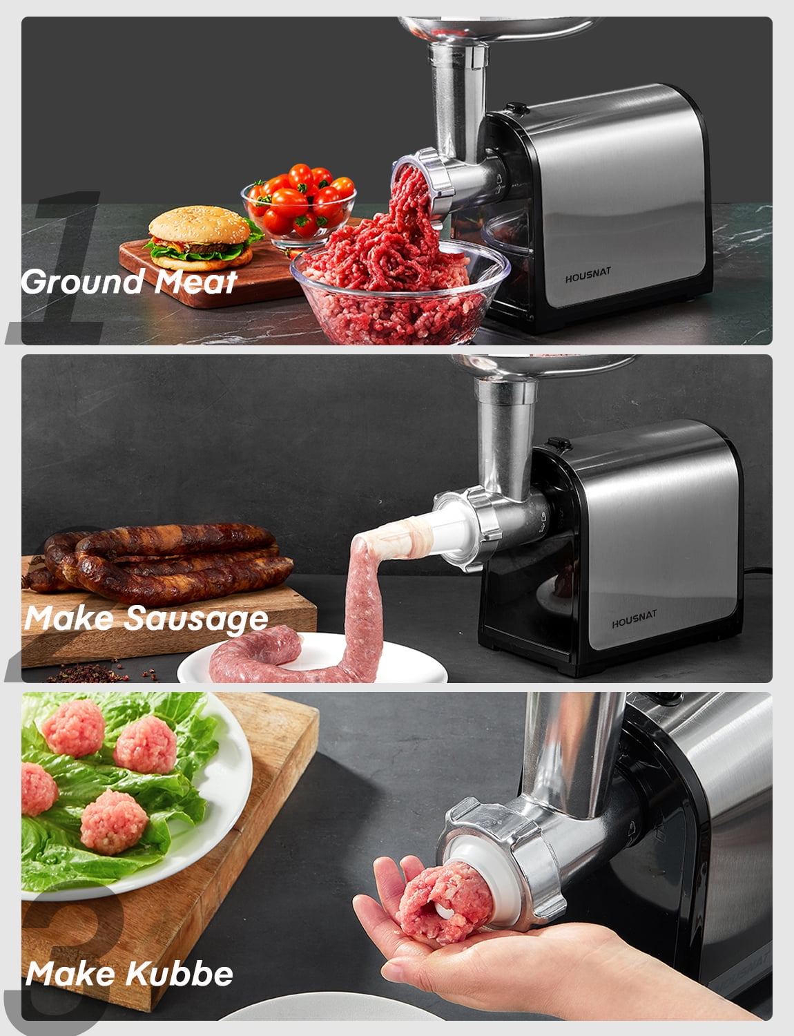 Meat Grinder Electric, 3 Grinding Plates & 2 Blades, [3000W Max]3-IN-1 Stainless Steel Food Grinder & Sausage Stuffer