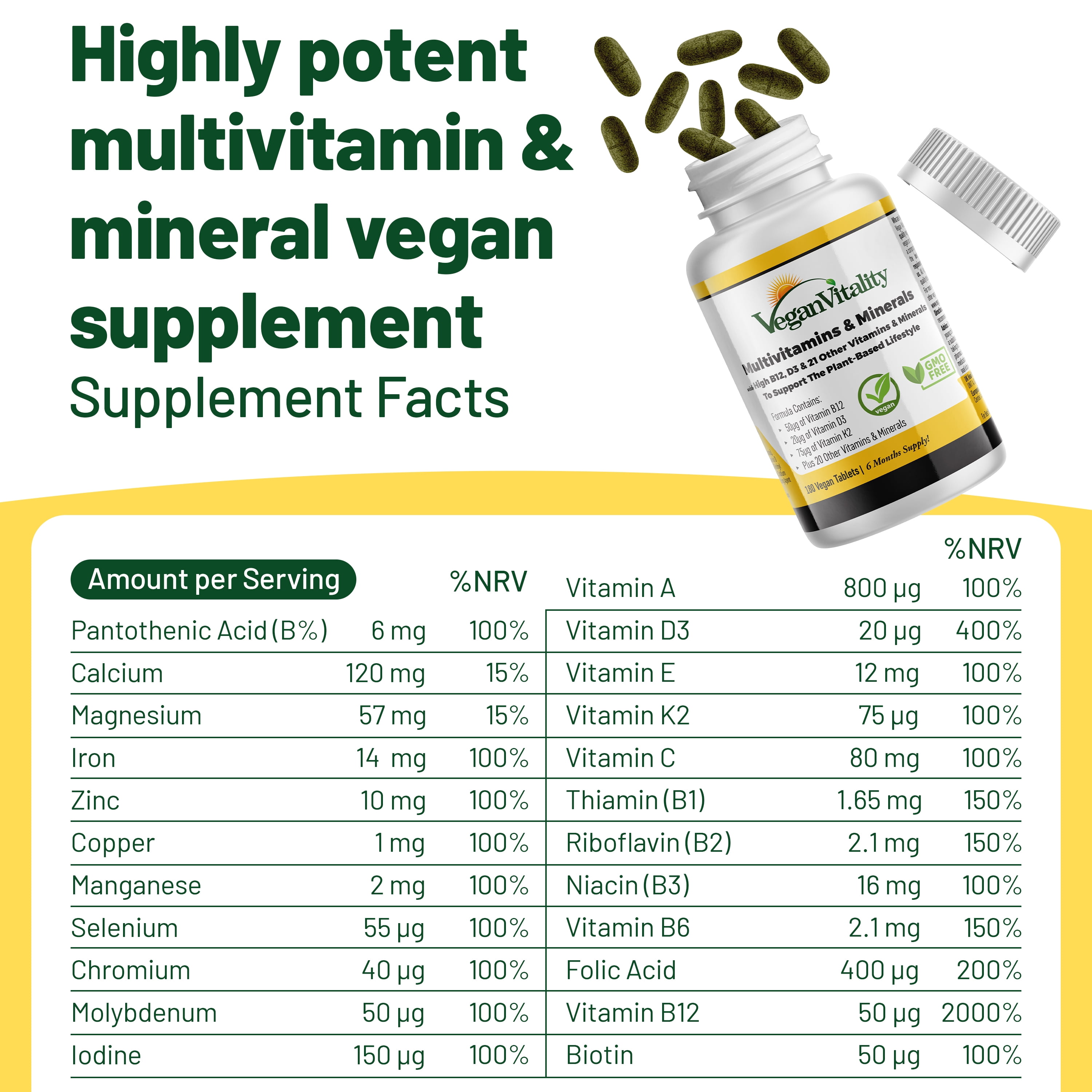 Vegan Multivitamins & Minerals for Women and Men with High Strength Vitamin B12, D3 & K2. 6 Months Supply