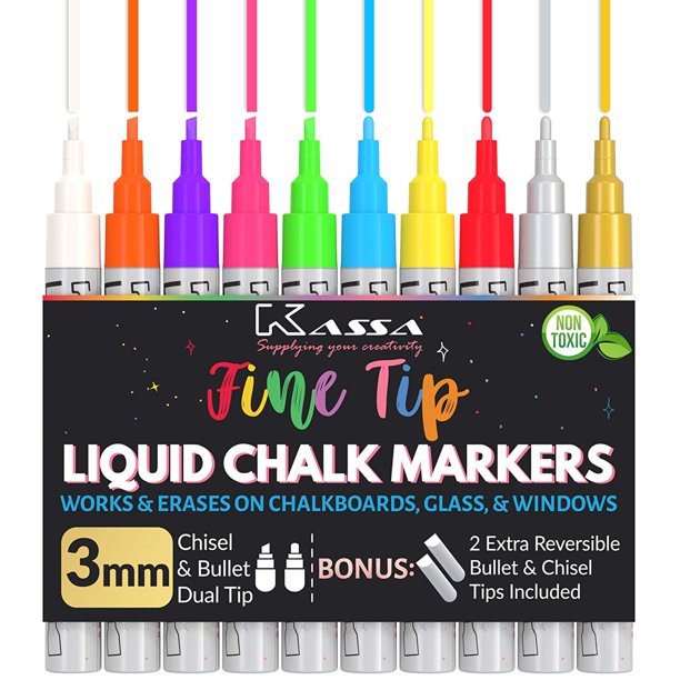 Kassa Liquid Chalk Markers Fine Tip (10 Pack 3mm) Chalkboard Markers