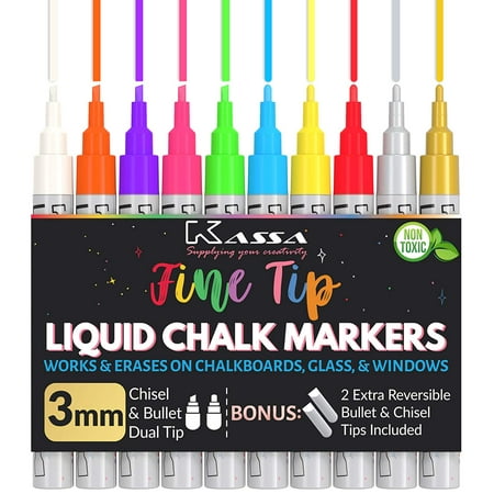Kassa Liquid Chalk Markers Fine Tip (10 Pack 3mm) - Chalkboard Markers Erasable - Gold & Silver Included - Wet Erase Markers for Glass Blackboard Windows - Chalk Pens Include Dual Chisel & Bullet