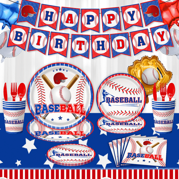 Baseball Party Decorations Kit with Happy Birthday Banner, Tablecloth, Balloons, Plates, Cups and Napkins