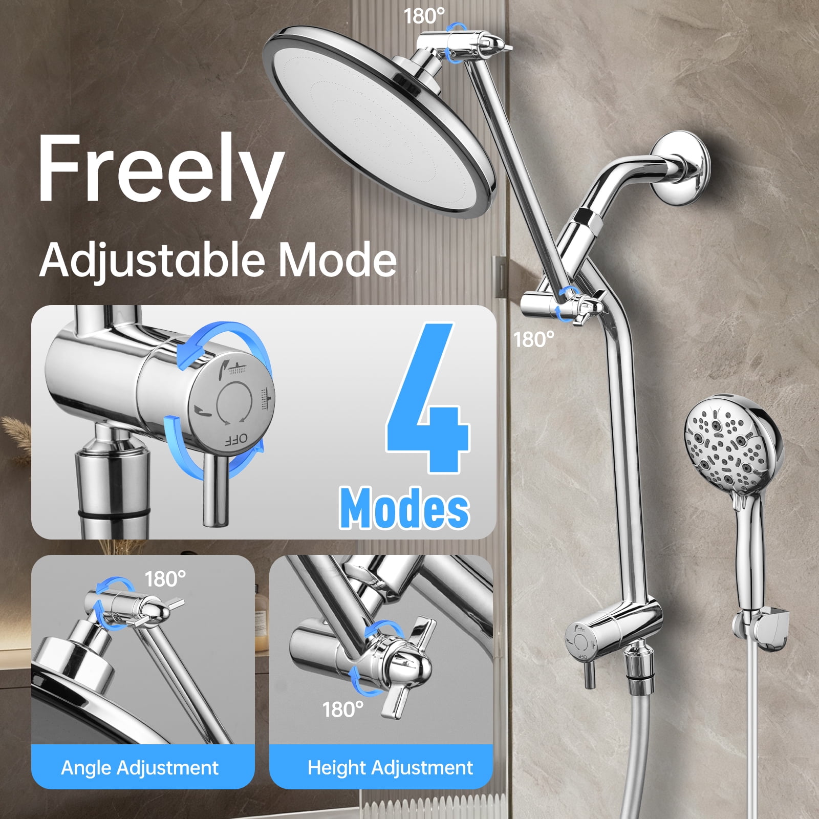 Joyrain 8-inch Rain Overhead Shower with Handheld High-pressure Shower Head, 8 Spray Modes, Rain Shower Combination with Multifunctional Extension Arm, Adjustable Height and Angle for Whole Family