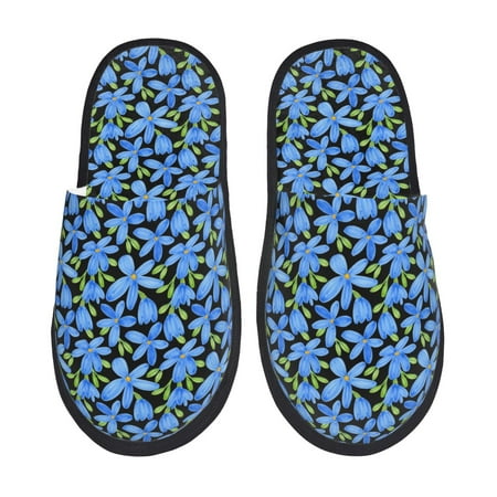 Balery Blue Flowers Slient Indoor Furry Fleece Comfort House Shoes Soft Non-Slip Home Shoes Cotton slippers House Slippers-- Medium