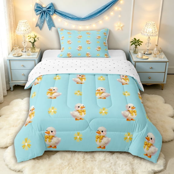 Manfei Kawaii Duck Twin Comforter Sets 3-Piece for Kids Girls Boys,Cute Animal Bowknot Bedding Set,Microfiber Bedroom Decor