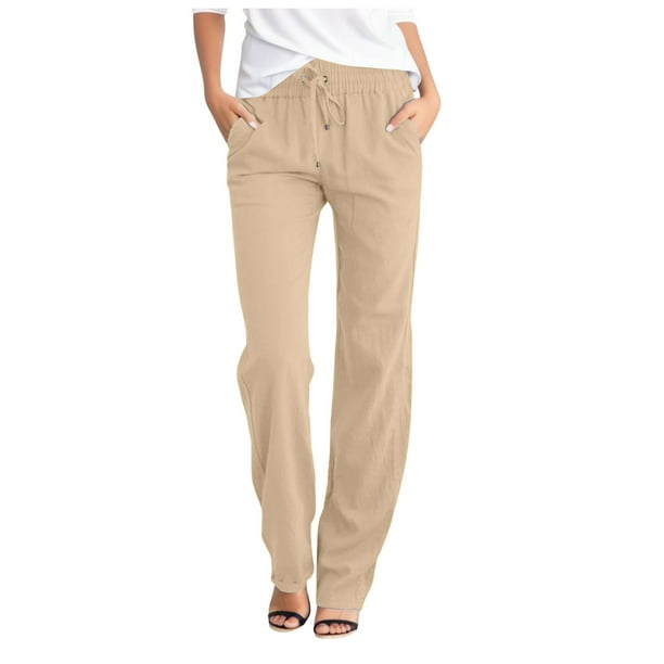 Pantalones rectos lisos de cintura alta para mujer - Pantalones casuales con cordón elástico - Pantalones largos con bolsillos