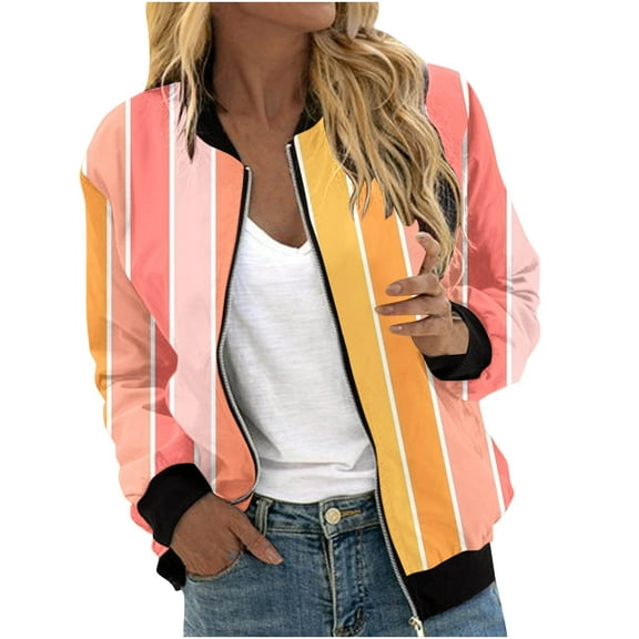 XFYSSS Ladies' Casual Fashion Striped Pocket Zipper Top Short Jacket Long Sleeve Hoodless Casual Outwear & Jackets