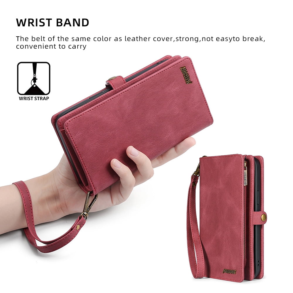 Allytech Case for Samsung S22 Cover for Galaxy S22 2022(6.1"), Durable PU Leather Magnetic Flip Lanyard Wristlet Strap Zipper Card Holder Phone Wallet Case for Galaxy S22 [5G], Red
