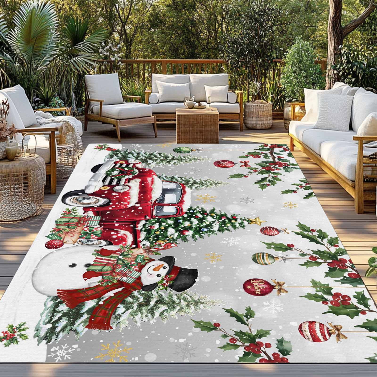 Fsddascl Grey Christmas Outdoor Rug for Patio/Deck/Porch, Non-Slip Large Area Rug 4 x 6 Ft, Xmas Snowman Truck Snowflake Tree Balls Indoor Outdoor Rugs Washable Area Rugs, Camping Rug Carpet Runner