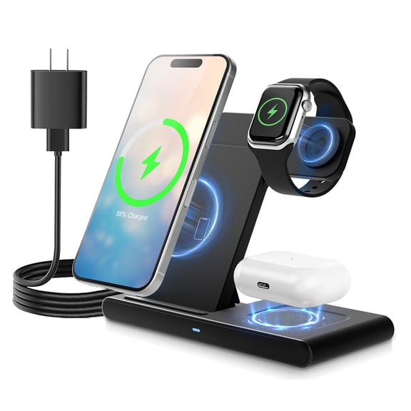 Wireless Charger,15W Wireless Charging Station Compatible with iPhone 17 16 15 14 13 12 11 8 Pro Max Mini Plus X XR XS Max SE Plus,for iWatch 10 9 8 7 6 5 4 3 2 SE Ultra,for AirPods 4 3 2