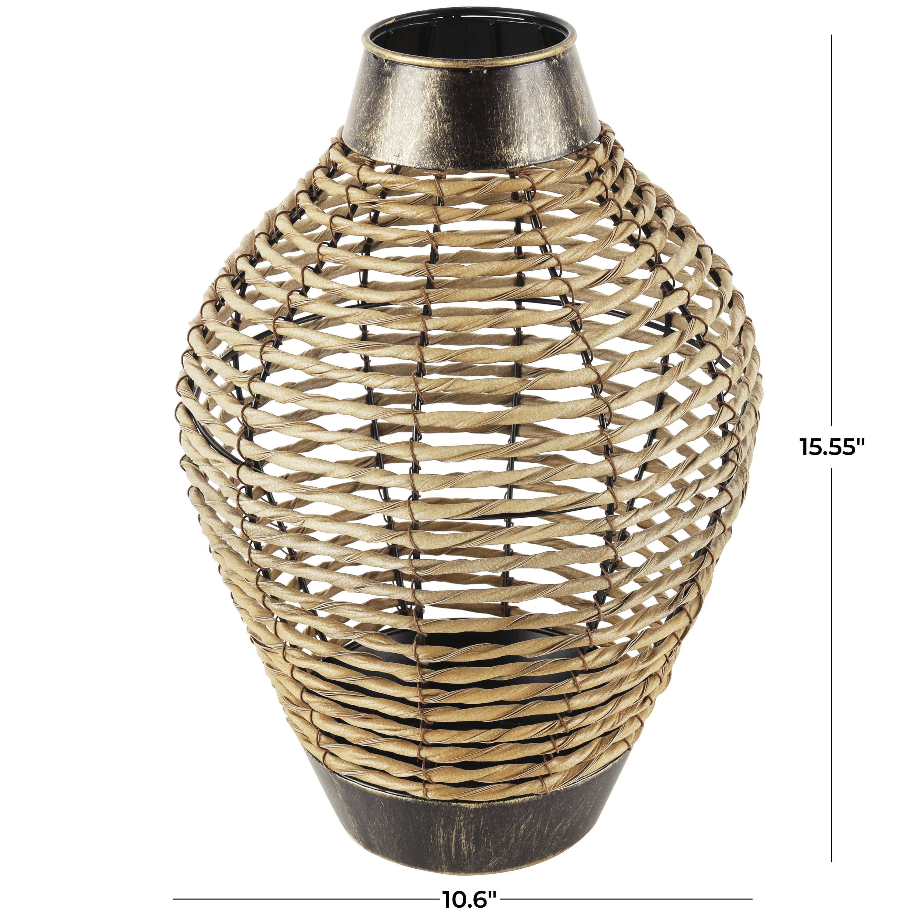 DecMode 16" Handmade Twisted Bronze Plastic Rattan Vase with Open Frame Design and Bronze Metal Details