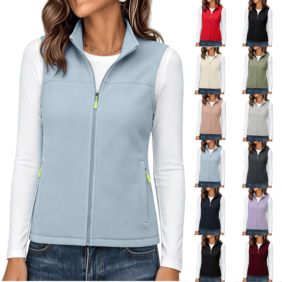 Fleece Jacket Women Nelozsy Women's Rocking Velvetsleeveless Full Zippered Velvet Top With Zipper Pocket Outdoor Warm Shoulder Light Blue XXL