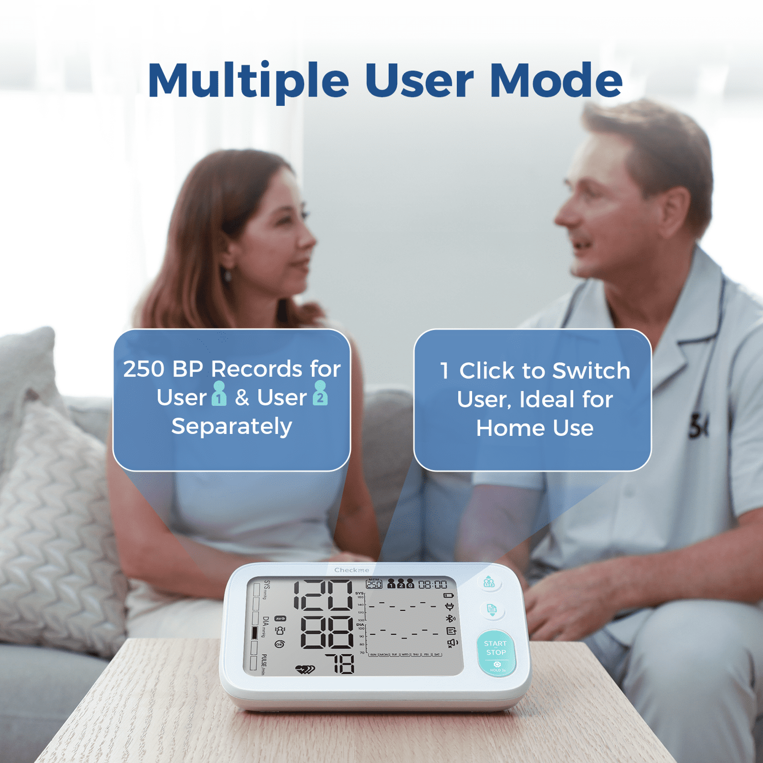 Checkme Upper Arm Blood Pressure Monitor, Accurate Automatic High Blood Pressure Machine With Free App, Large LCD Display, 2 Users, 250 Recordings, Irregular Heartbeat Reminder