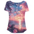 thumbnail image 4 of Chririnla Hawaiian Tops for Women Blouses Sunset Palm Tree Plus Size V Neck Shirts Short Sleeve Irregular Summer Clothes Loose Fit Tees, 4 of 6