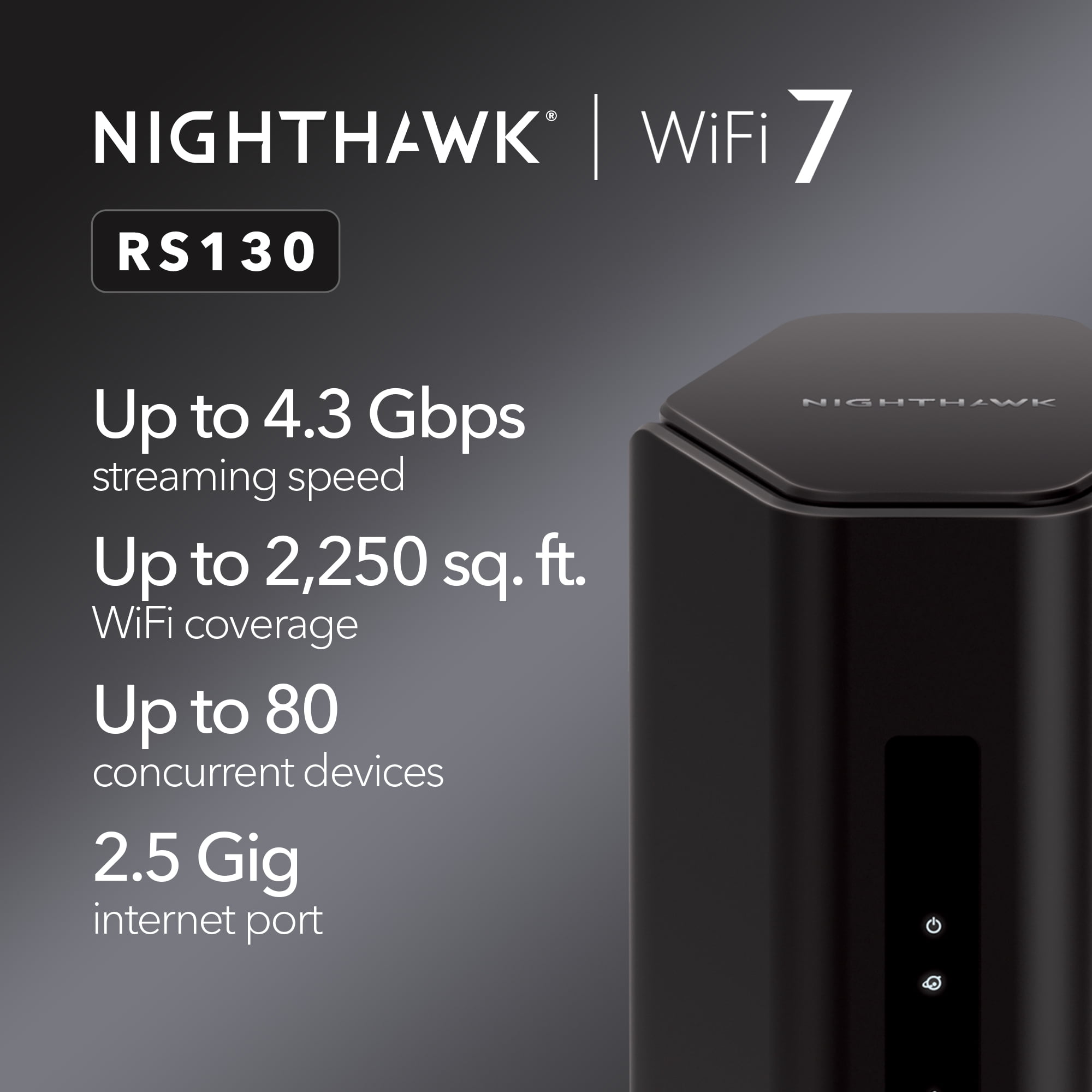 NETGEAR Nighthawk Dual-Band WiFi 7 Router (RS130) – Security Features, BE4300 Wireless Speed (up to 4.3 Gbps) – Covers up to 2,250 sq. ft., 80 Devices - 2.5 Gig Internet Port