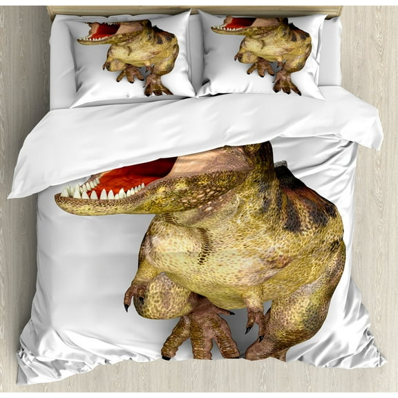 Ambesonne Dinosaur Duvet Cover Set, Roaring Vivid T-Rex, King, Army Green Scarlet Tan