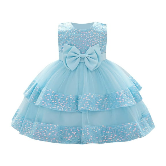 AINIYS Girls Sleeveless Bow Accent A-Line Dress With Hidden Back Zipper Lightweight Fabric For Birthday Party And Celebration Blue 18 Months