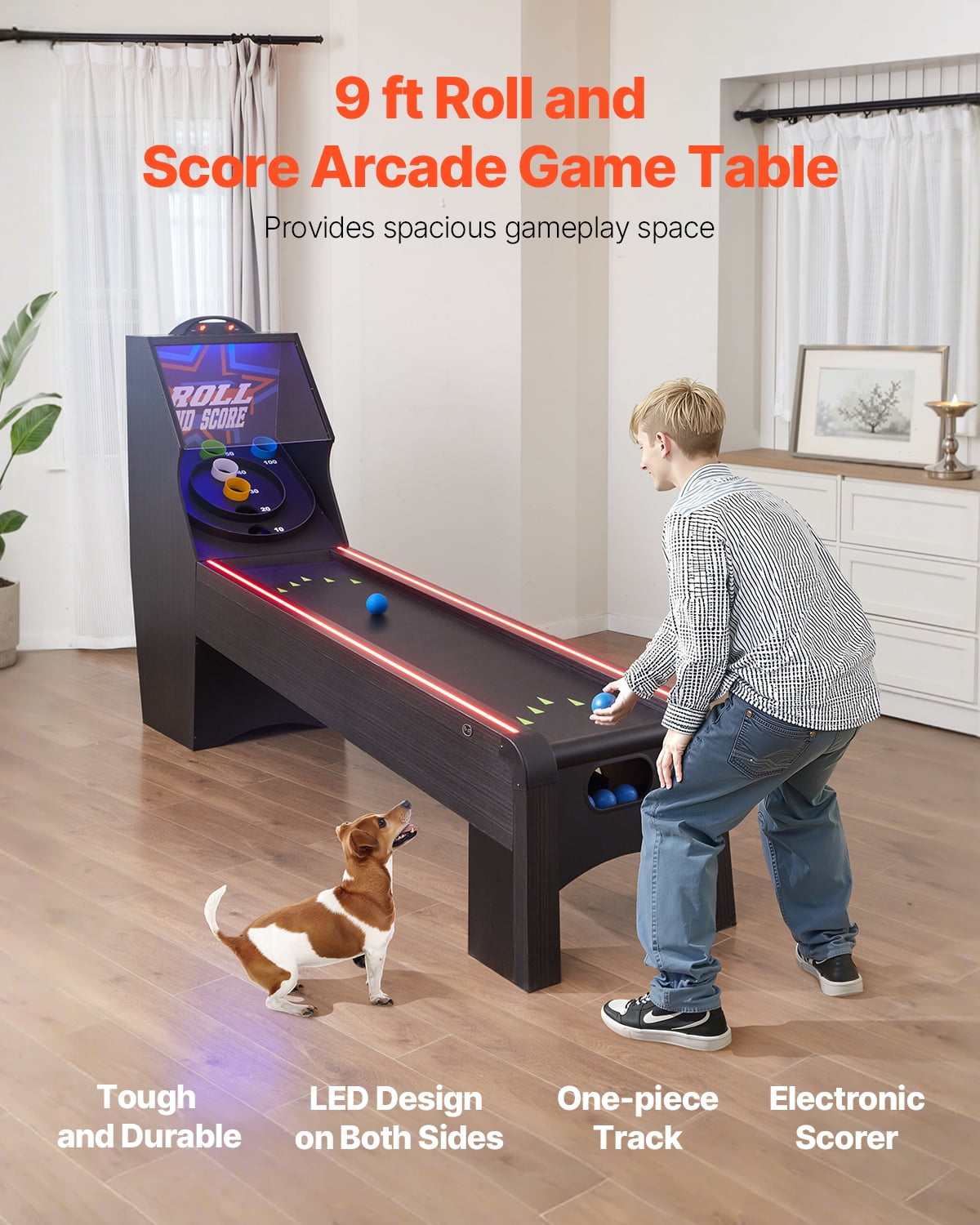 VEVOR 9' Roll and Score Classic Arcade Game Table, with LED Electronic Scorer & Track Lighting,Sound, Automatic Ball Return,Adults Kids Home Recreation Game Room,4 Balls Included
