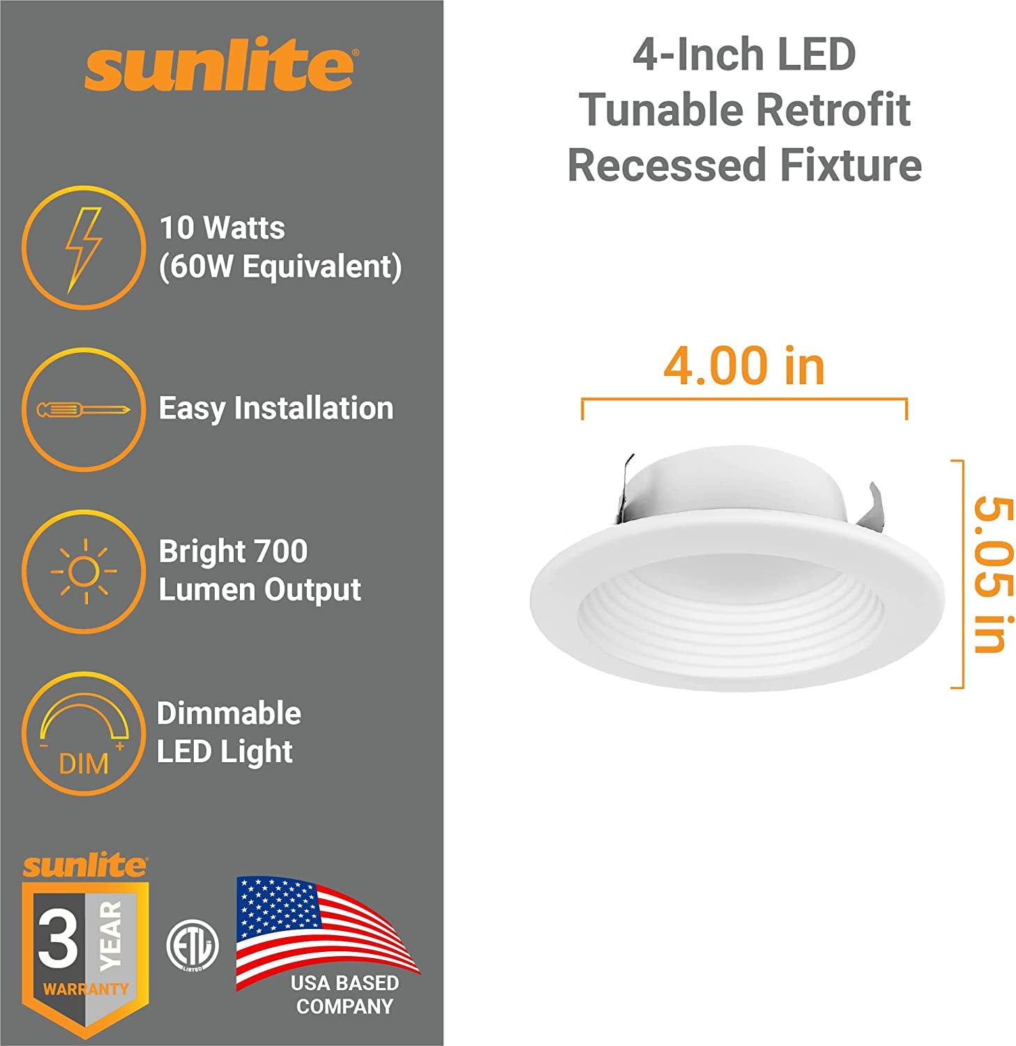 Sunlite 4-in 10w CCT Tunable LED Smooth Recessed Downlight Retrofit Fixture 