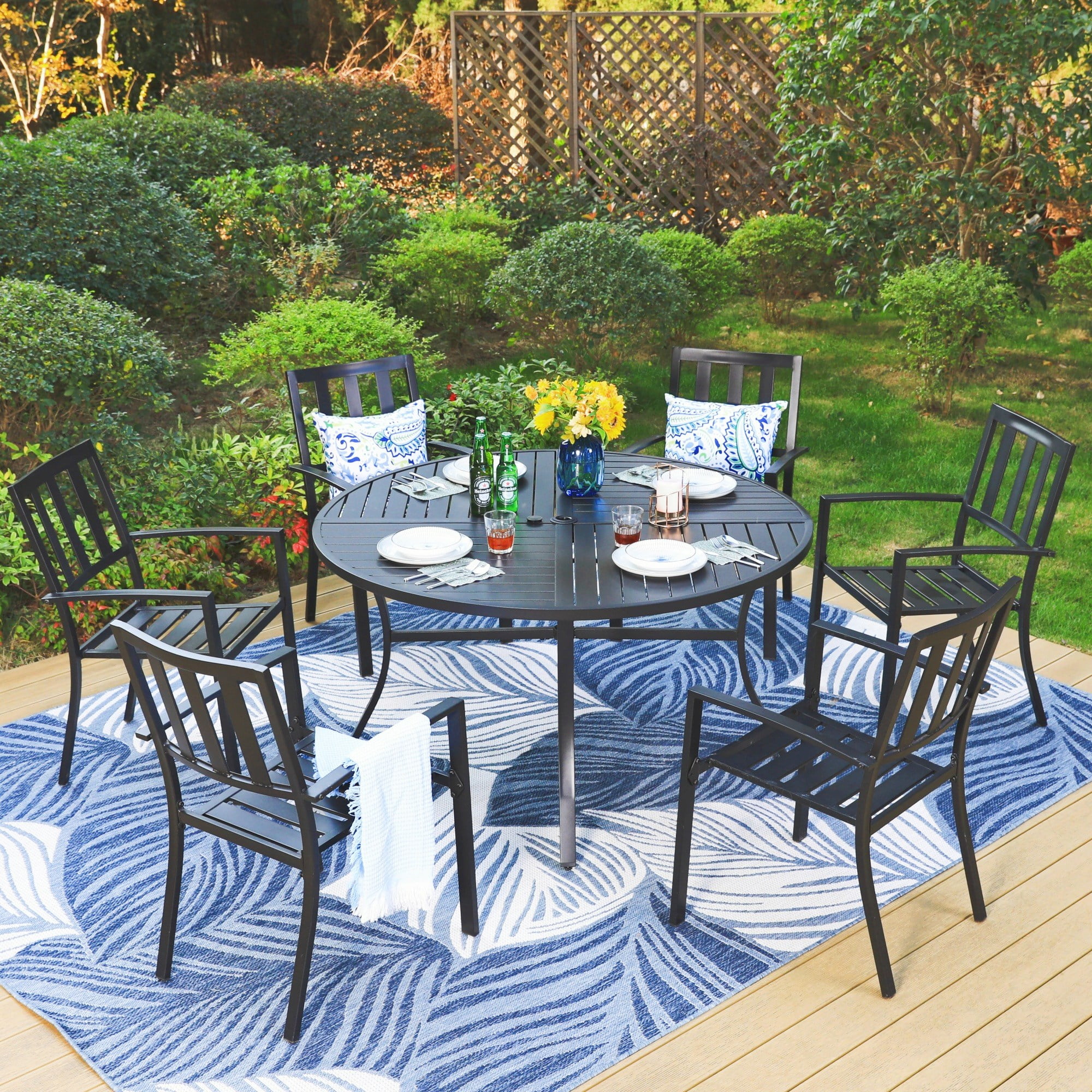 MF Studio 7-Piece Outdoor Dining Set with Large Round Patio Table & Stacking Chairs, Metal Steel, Black