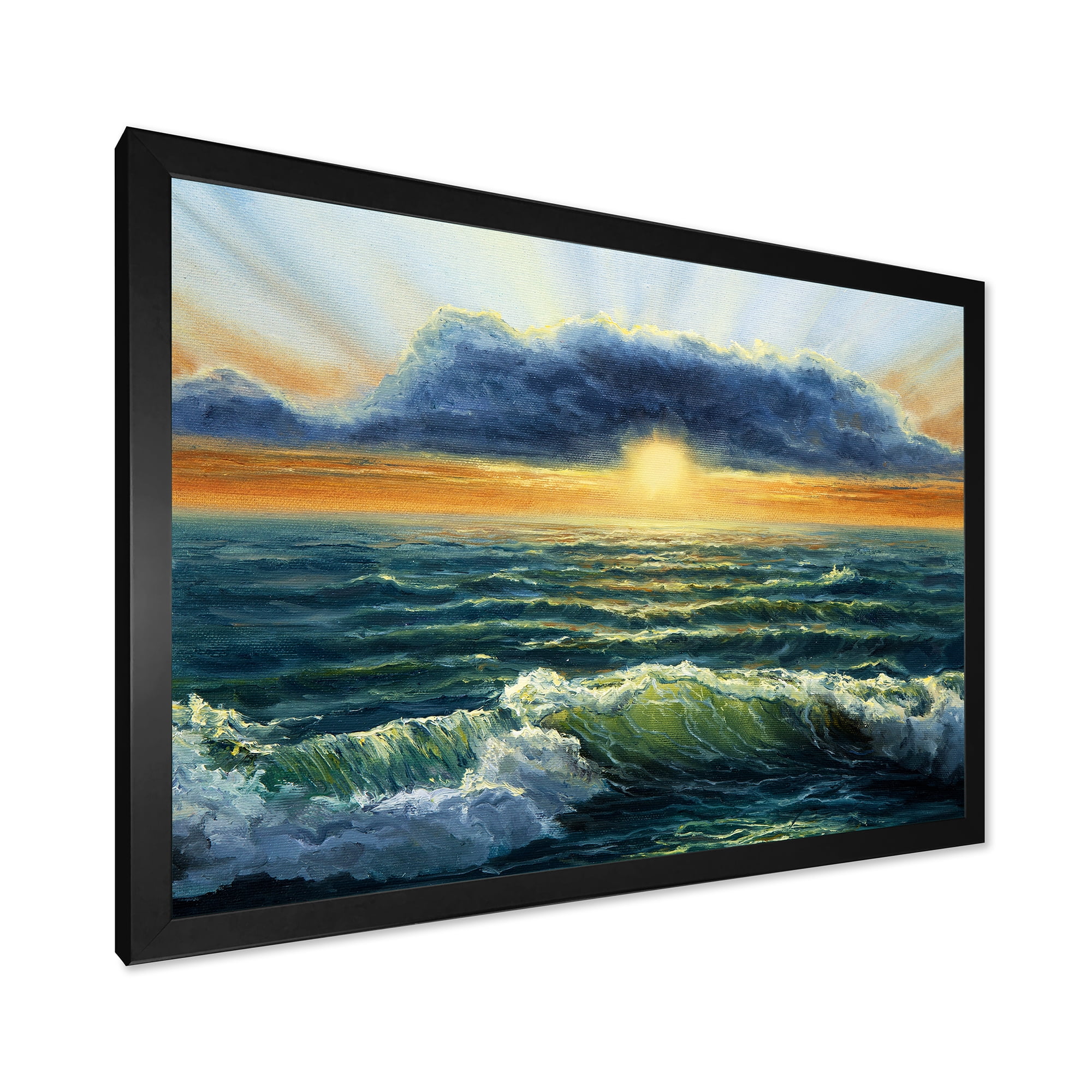 Designart 'The Blue Ocean In Sunset Evening I' Nautical & Coastal Framed Art Print